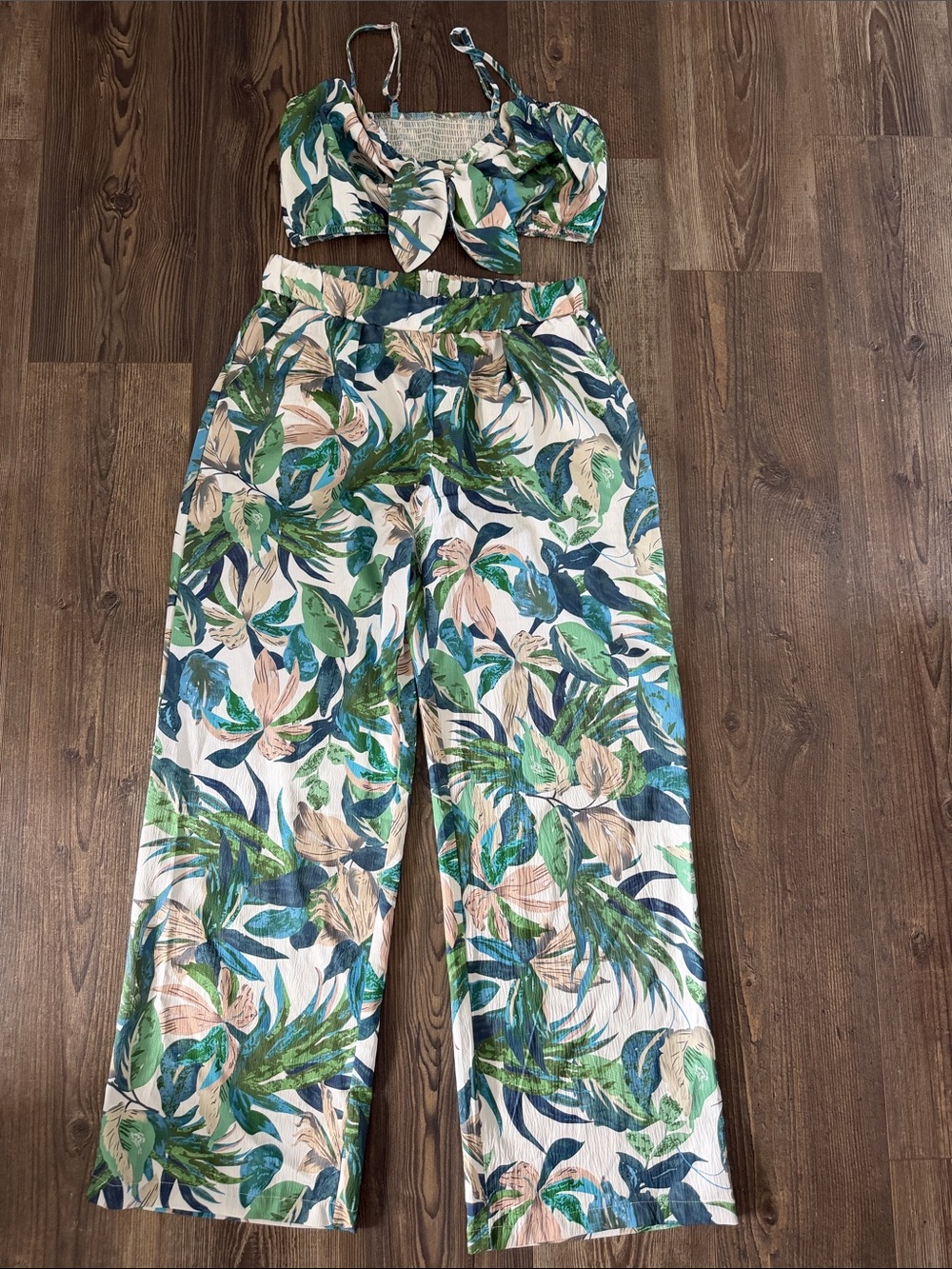 Tropical Leaf Wide-Leg Pants - Green/Blue